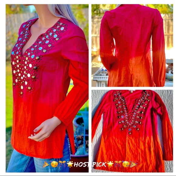 🎉HP MICHAEL KORS Retro Tie-die Ombré BoHo Gypsie Chic Beaded Mirrored Blouse - Picture 5 of 15